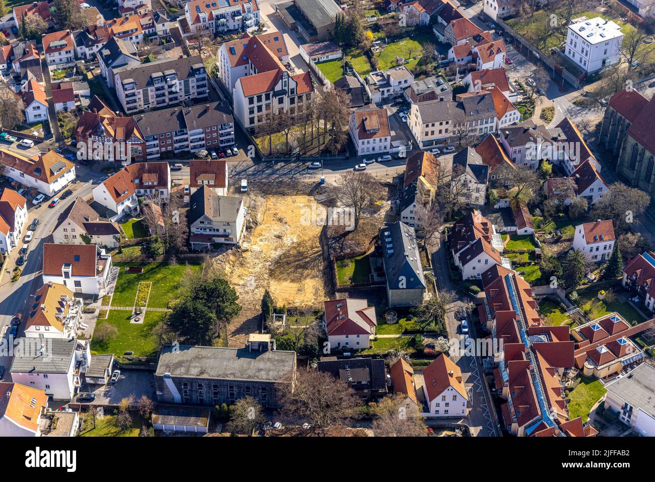 Aerial view, village view and building site at Thomästraße, Soest, Soester Börde, North Rhine-Westphalia, Germany, construction work, construction are Stock Photo