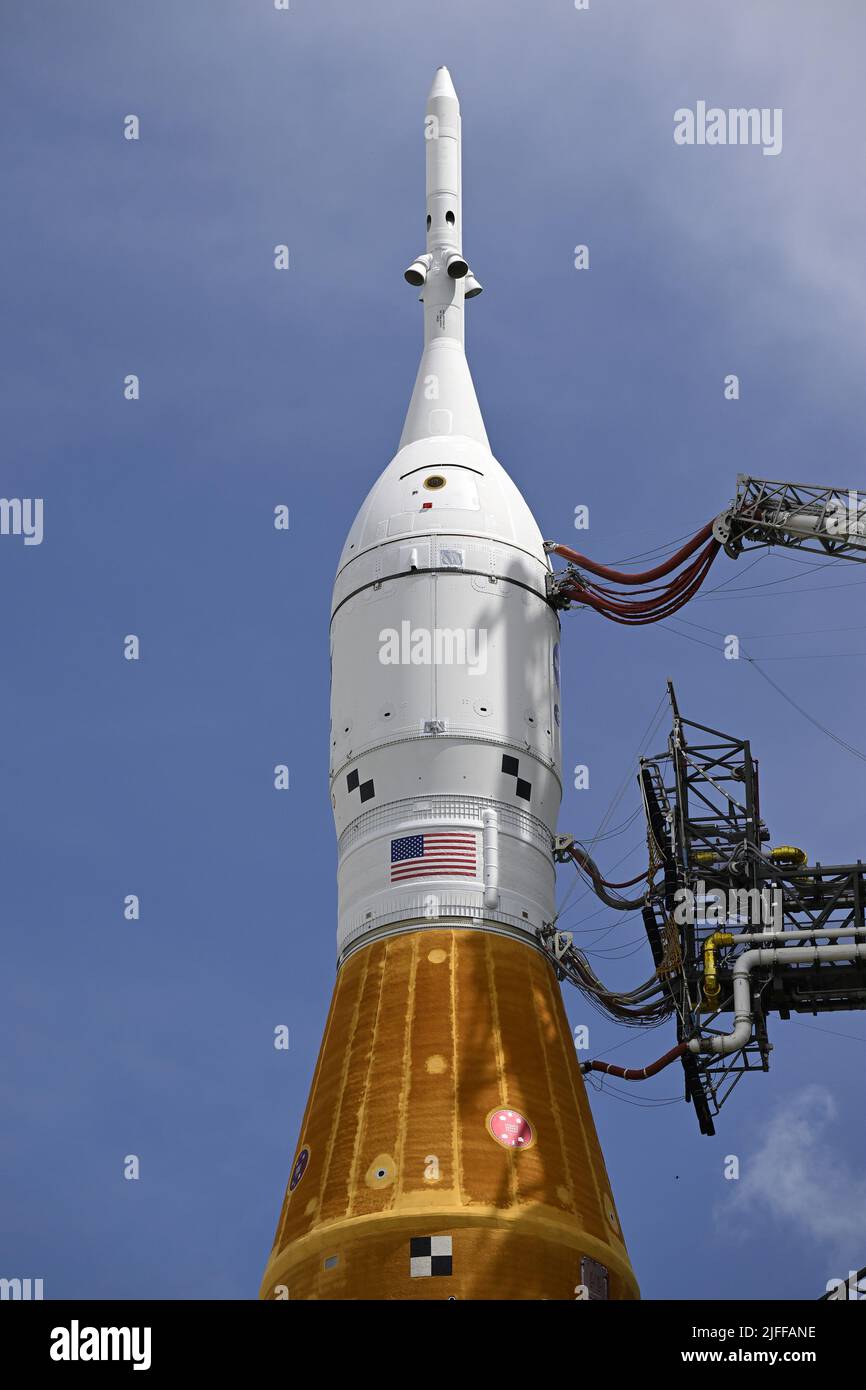 NASA's SLS rocket rolls back to the Vehicle Assembly Building at the Kennedy Space Center, Florida on Saturday, July 2, 2022. The booster and the Orion spacecraft will undergo final preparations for its maiden launch. The Artemis program will utilize SLS and Orion to fly Americans back to the moon and beyond. Photo by Joe Marino/UPI Credit: UPI/Alamy Live News Stock Photo