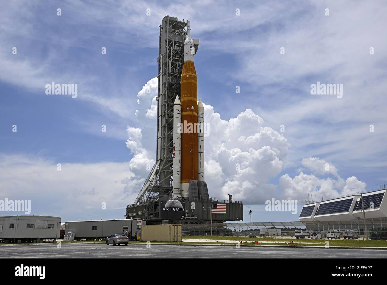 NASA's SLS rocket rolls back to the Vehicle Assembly Building at the Kennedy Space Center, Florida on Saturday, July 2, 2022. The booster and the Orion spacecraft will undergo final preparations for its maiden launch. The Artemis program will utilize SLS and Orion to fly Americans back to the moon and beyond. Photo by Joe Marino/UPI Credit: UPI/Alamy Live News Stock Photo