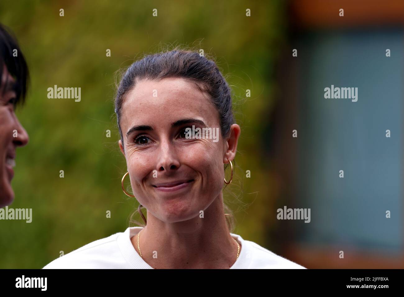 London. Aliz Cornet of, France. 2nd July, 2022. conducting an interview shortly after defeating number one seed Iga Swiatek in the third round at Wimbledon today. Credit: Adam Stoltman/Alamy Live News Stock Photo