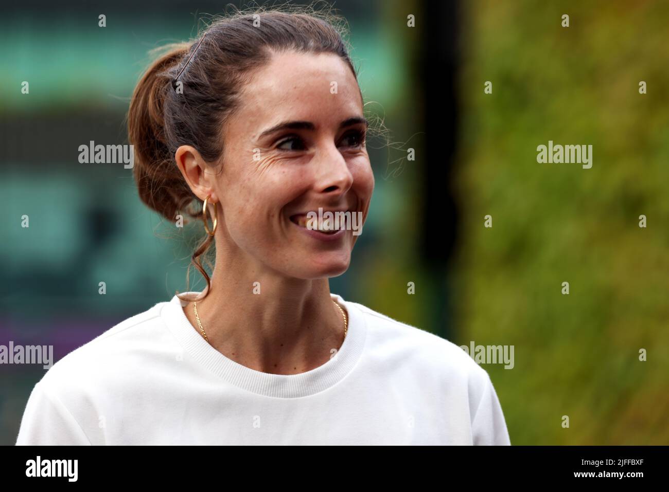London. Aliz Cornet of, France. 2nd July, 2022. conducting an interview shortly after defeating number one seed Iga Swiatek in the third round at Wimbledon today. Credit: Adam Stoltman/Alamy Live News Stock Photo