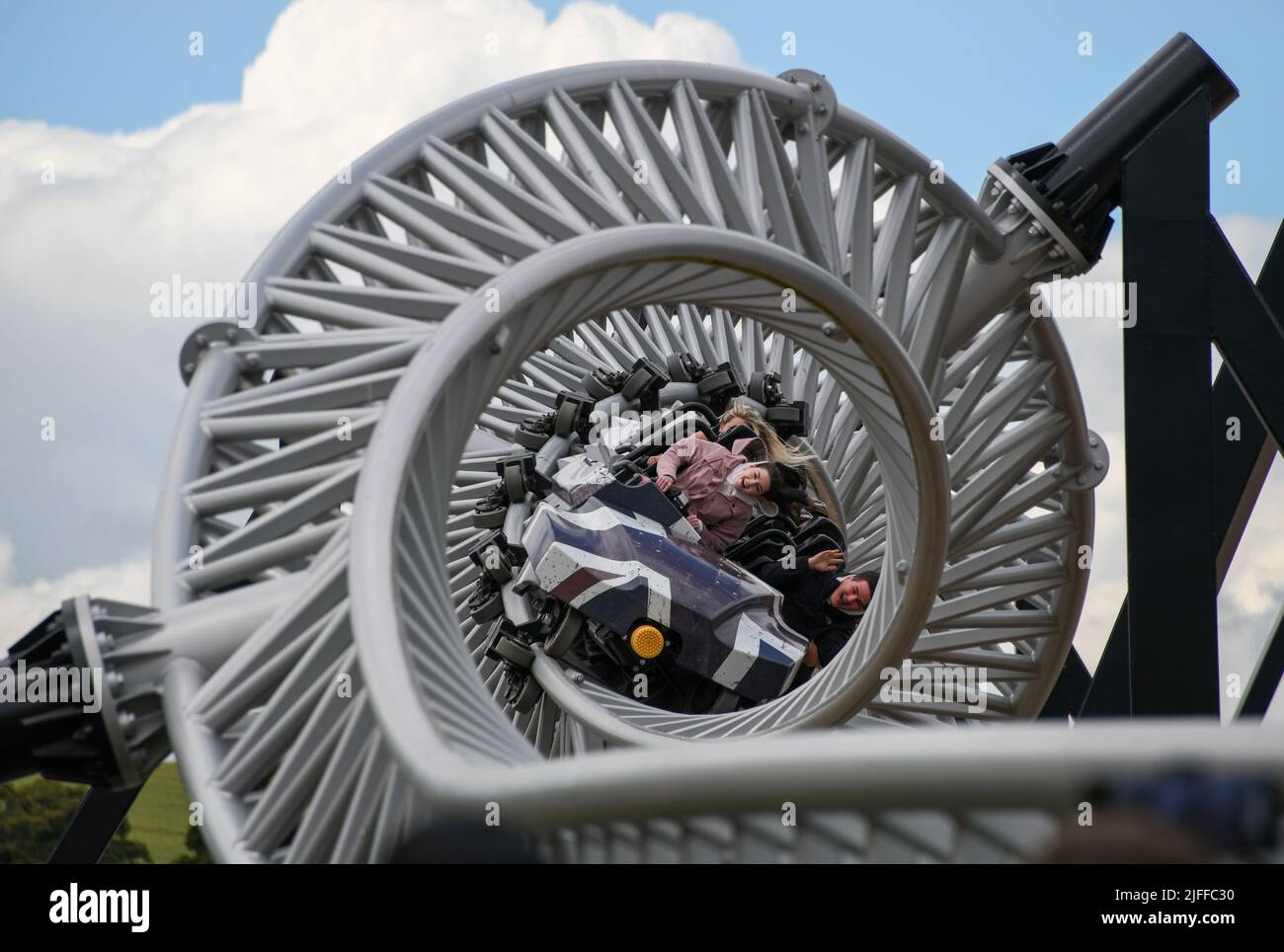 Thrill seekers try the new 10 looping ride 'Sik' at Flamingoland in Yorkshire. Credit: Thomas Faull/Alamy Live News Stock Photo