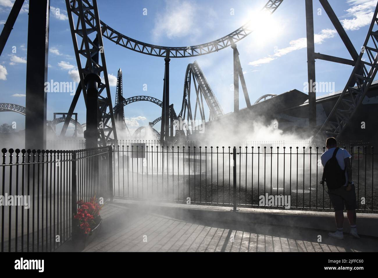 Thrill seekers try the new 10 looping ride 'Sik' at Flamingoland in Yorkshire. Credit: Thomas Faull/Alamy Live News Stock Photo