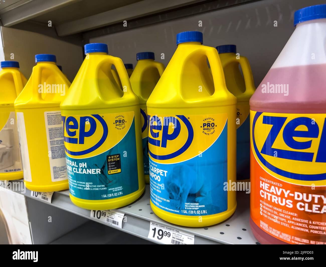 Mill Creek, WA USA - circa June 2022: Angled view of Zep specialty cleaning products for sale inside a Staples store Stock Photo