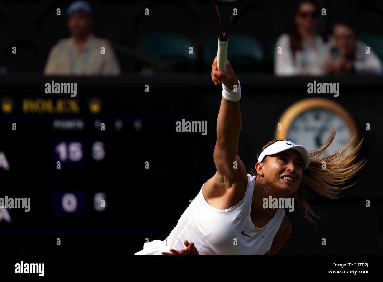 London. Number 4 seed Paula Badosa of, Spain. 2nd July, 2022. serving during her match against Petra Kvitova, of the Czech Republic. Badosa won the match in straight sets. Credit: Adam Stoltman/Alamy Live News Stock Photo
