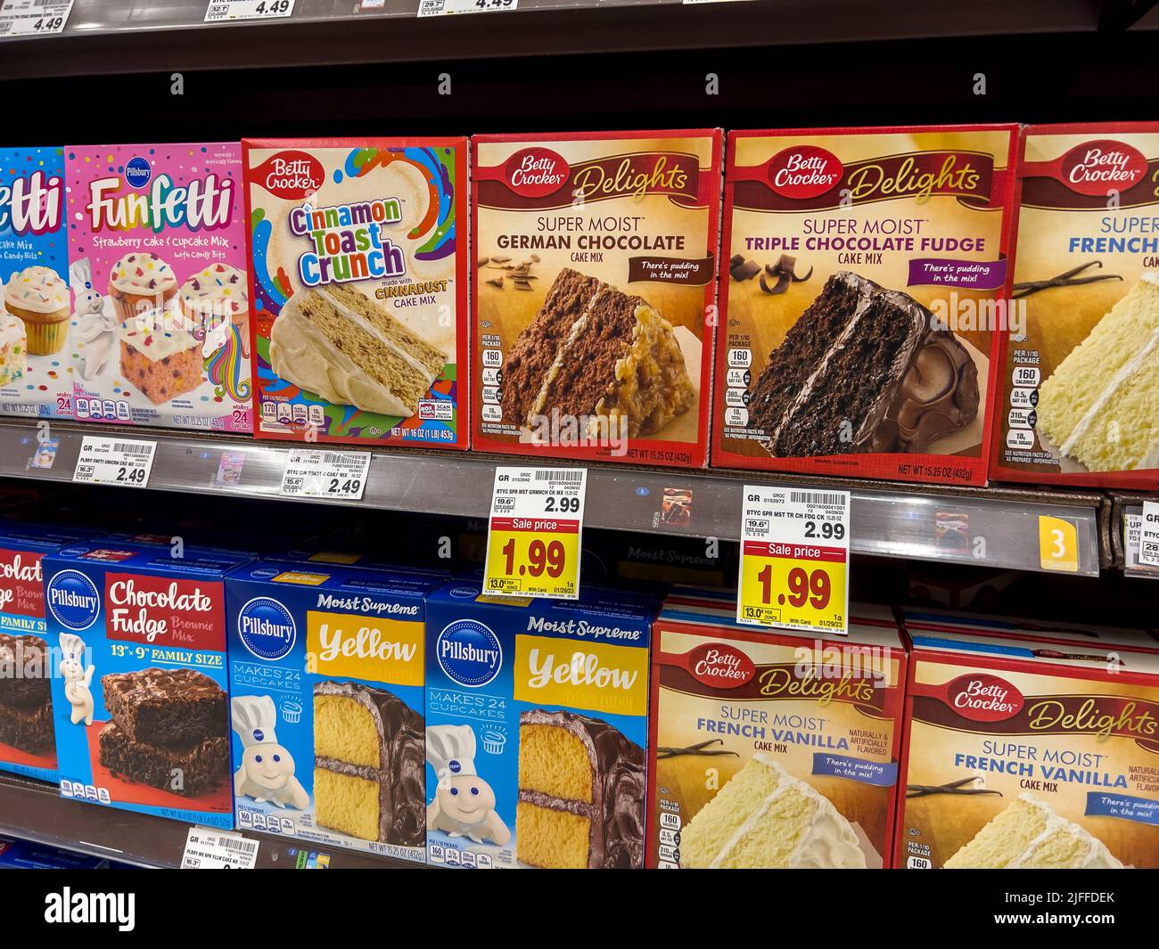 Everett, WA USA circa June 2022 Close up view of boxed cake mix and