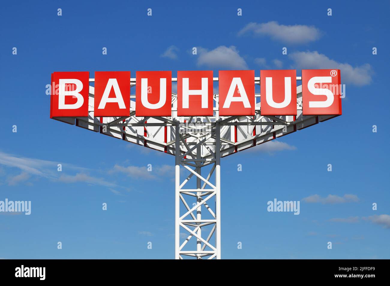 Upplands-Vasby, Sweden - July 2, 2022: Close-up of the  Bauhaus store sign against a blue sky. Stock Photo