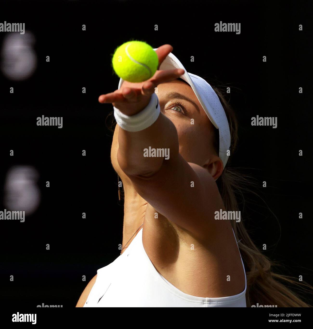 London. Number 4 seed Paula Badosa of, Spain. 2nd July, 2022. serving during her match against Petra Kvitova, of the Czech Republic. Badosa won the match in straight sets. Credit: Adam Stoltman/Alamy Live News Stock Photo