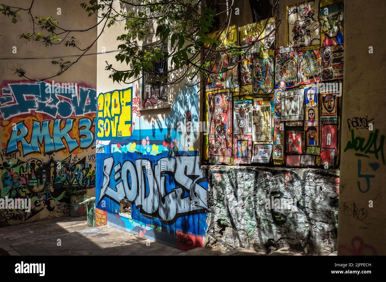 Marseille, France, May 2022, view of a narrow street with murals in Le Panier district Stock Photo