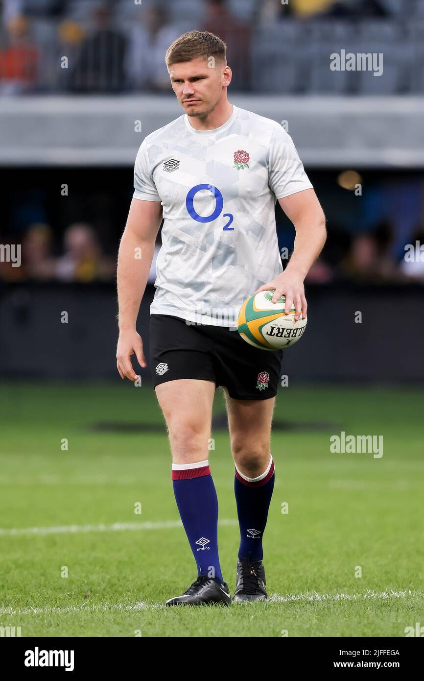 Perth, Australia, 2 July, 2022. Owen Farrell of England during warm up ahead of the rugby international test match between the Australia Wallabies and England at Optus Stadium on July 02, 2022 in Perth, Australia. Credit: Graham Conaty/Speed Media/Alamy Live News Stock Photo