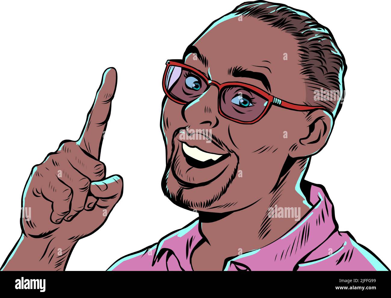 black african man index finger up gesture, important information or advertising concept. Pop art retro vector illustration kitsch vintage 50s 60s styl Stock Vector