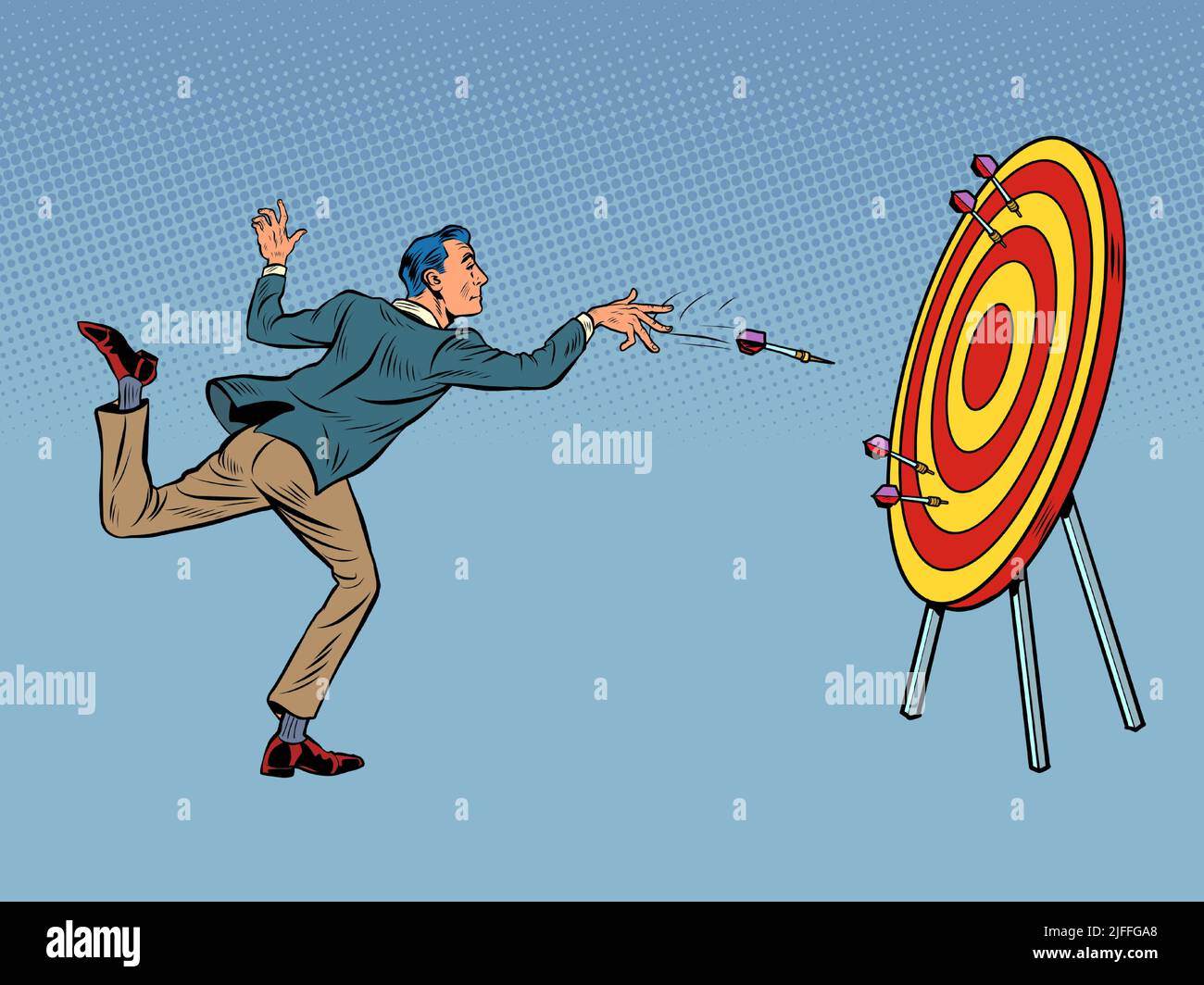 male businessman target dart target accuracy competition, sports fun and recreation. Pop art retro vector illustration comic caricature 50s 60s style Stock Vector
