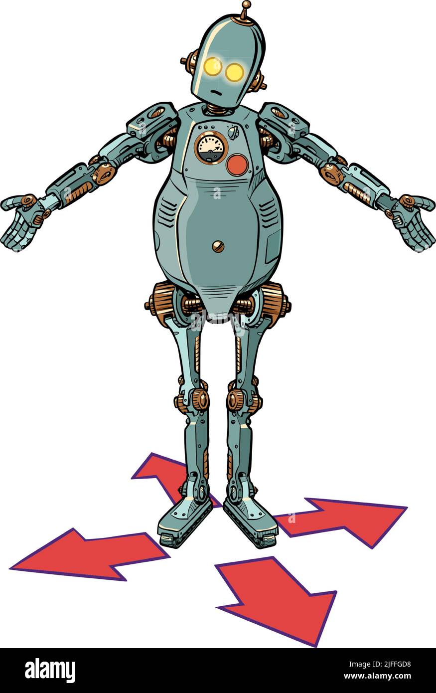 game character robot control right left forward back. Businessman at the fork. difficult decision Stock Vector