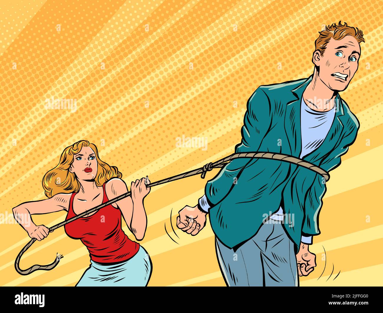 the woman lassoed the man, the girl threw a noose on the man and took him prisoner Stock Vector