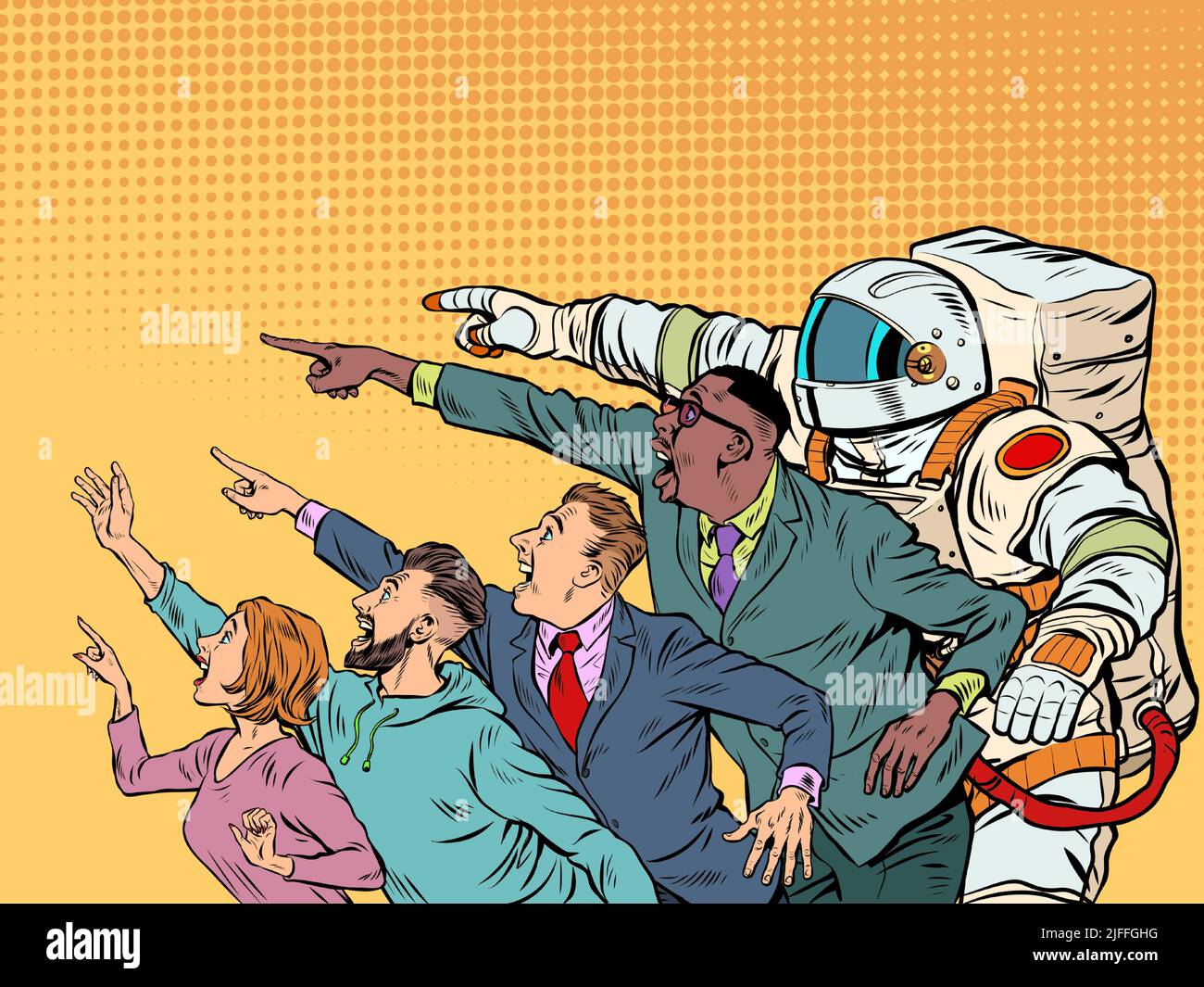 People point with their hand. Template advertising announcement news sale. Businessman woman man astronaut Pop Art Retro Vector Illustration 50s 60s S Stock Vector