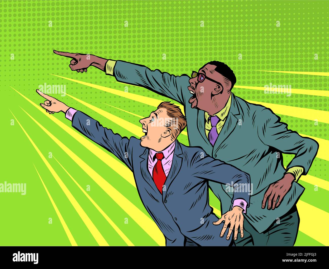 People point with their hand. Template advertising announcement news sale. Two male businessmen, partners. Pop Art Retro Vector Illustration 50s 60s S Stock Vector