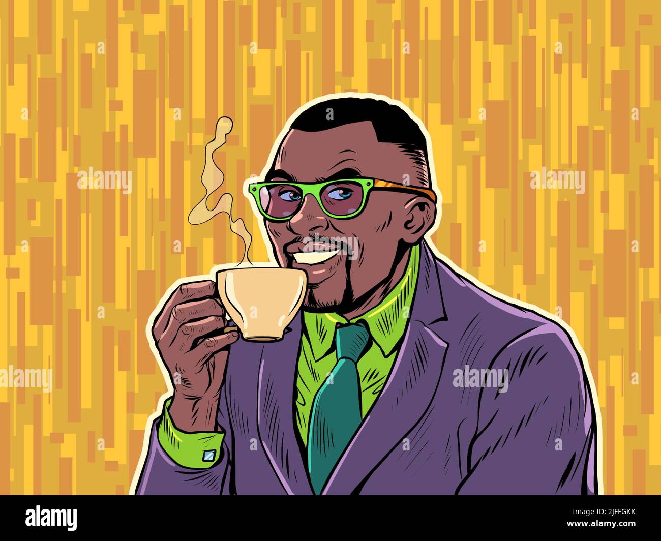 Joyful businessman drinking morning coffee. Hot drink. Cappuccino cocoa tea. Pop Art Retro Vector Illustration 50s 60s Style Kitsch Vintage Drawing Stock Vector