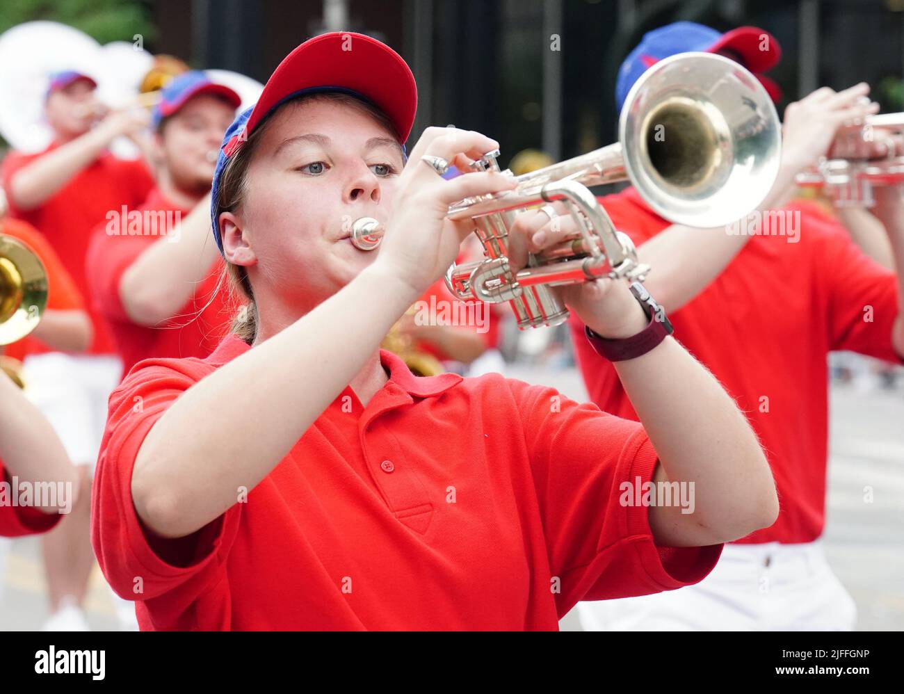 St. Louis, United States. 02nd July, 2022. A trumpet player plays her