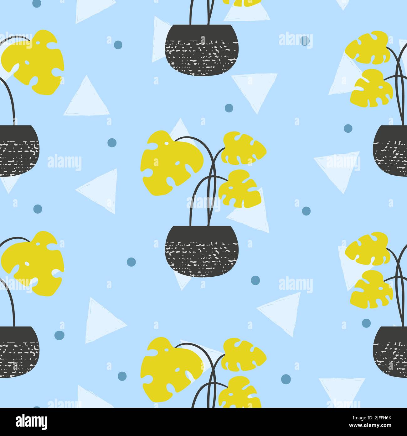 Trendy pattern with tropical house plants in pots. Vector  seamless background. Stock Vector