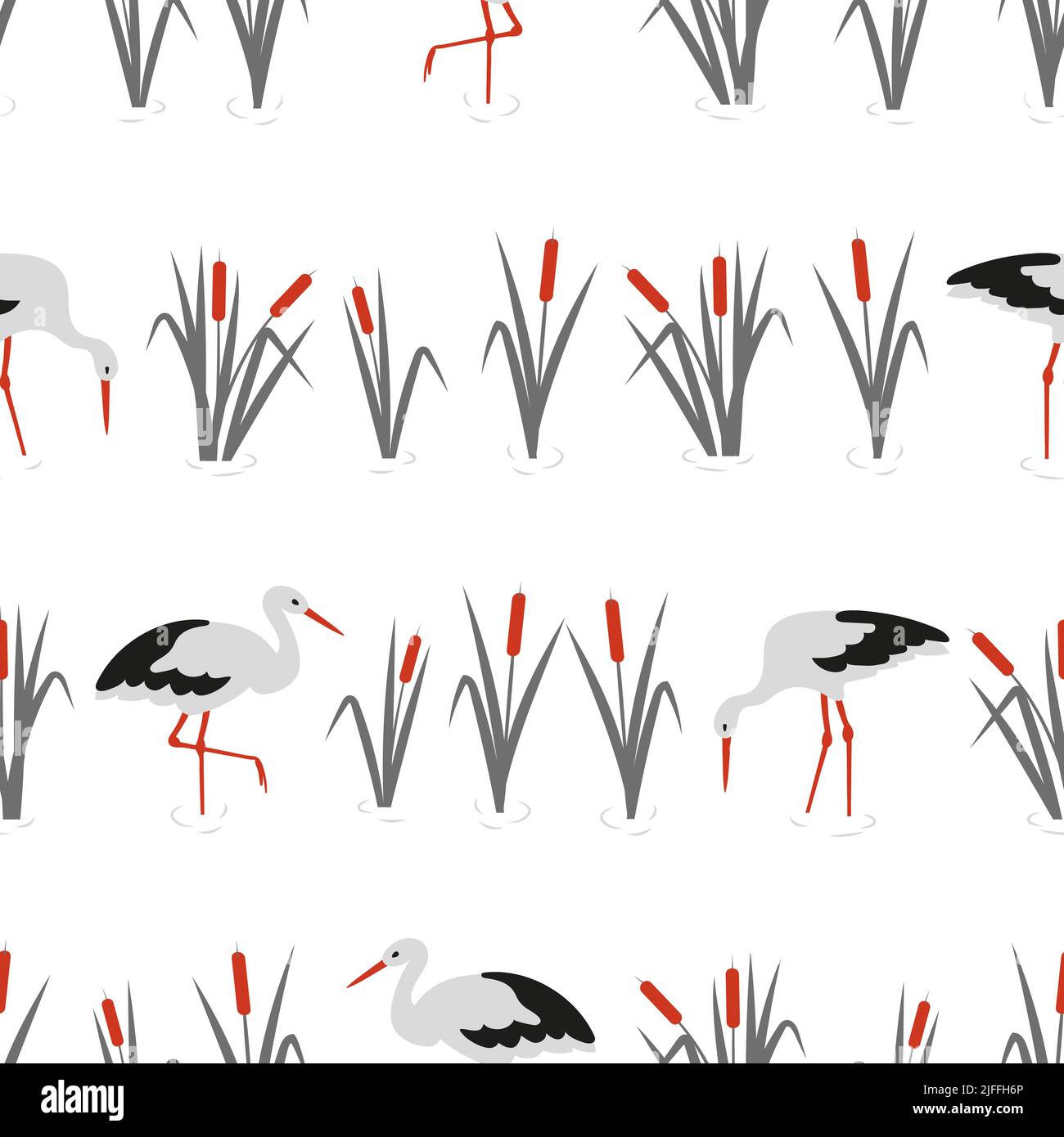 Storks and reeds seamless vector pattern. Textile, fabric design Stock Vector