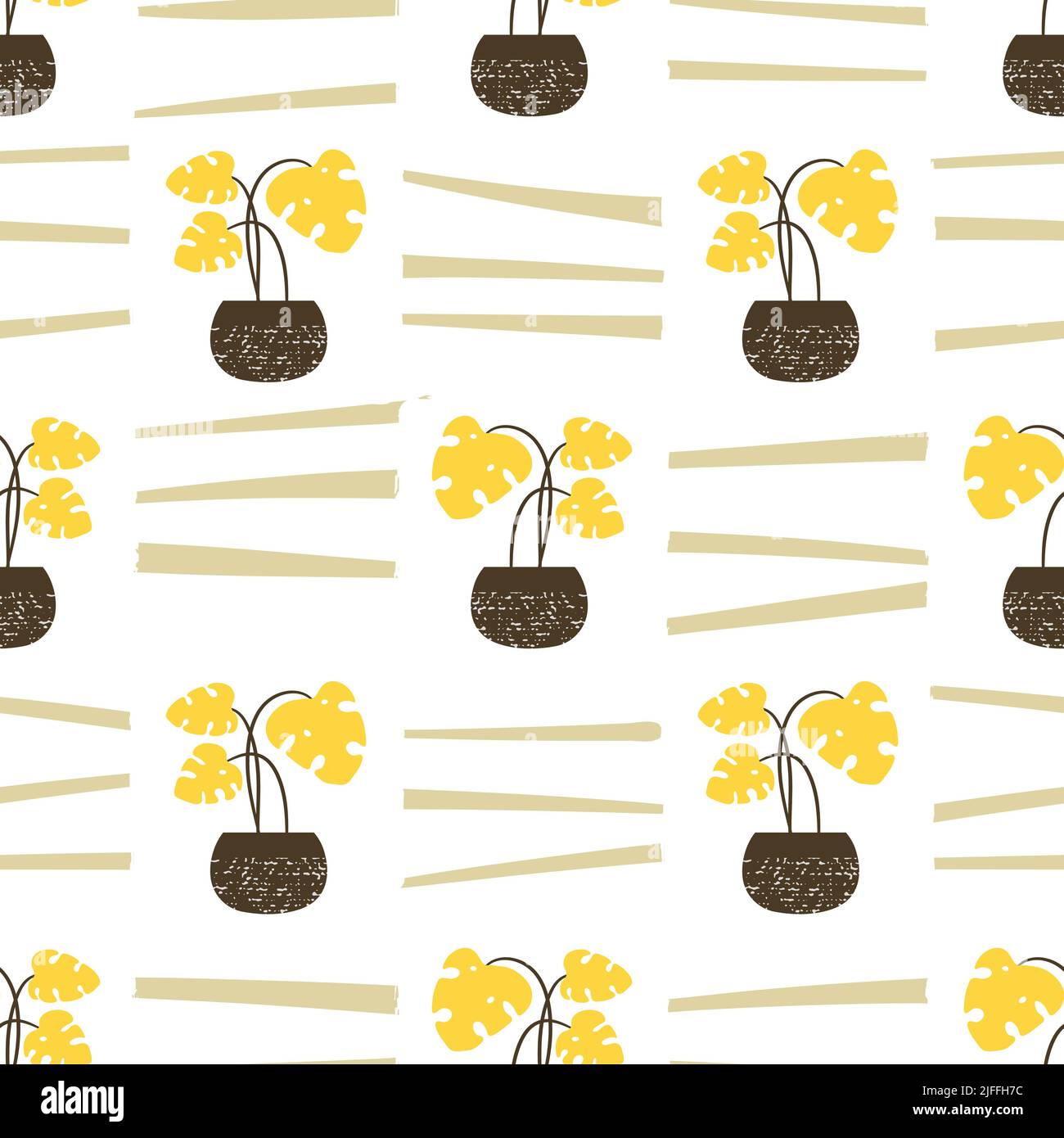 Seamless tropical house plants in pots pattern. Vector monstera background. Stock Vector