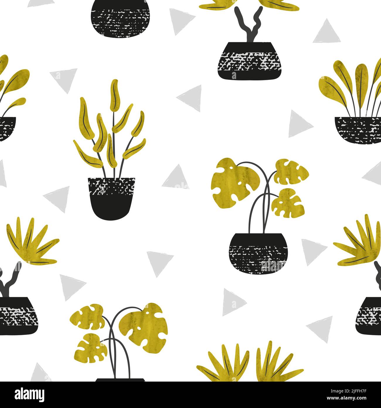 Seamless trendy pattern with cute tropical house plants in pots. Vector background. Stock Vector