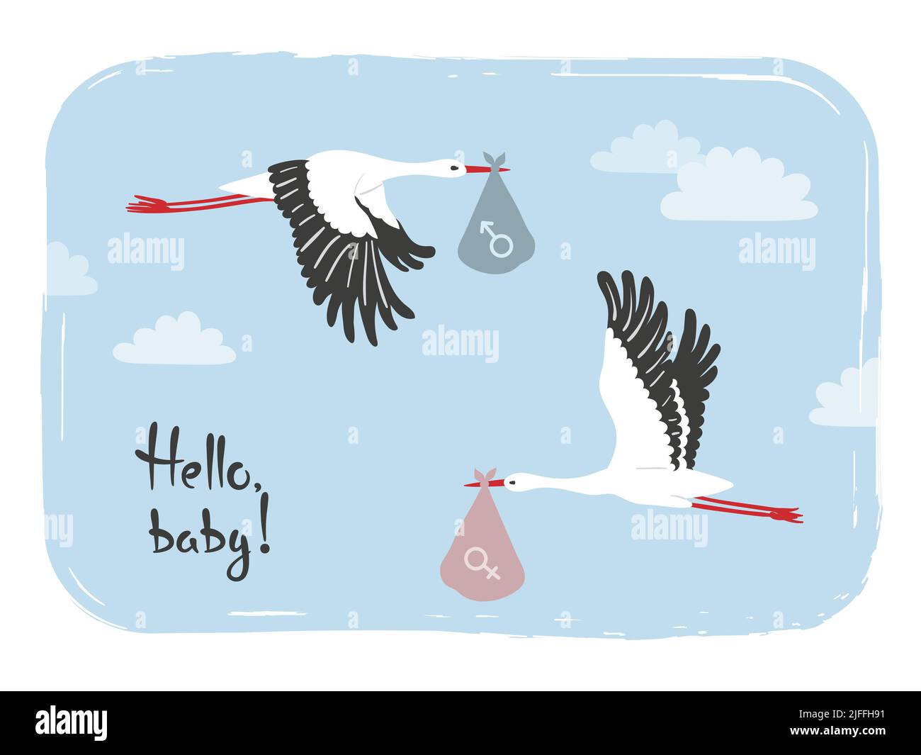 Cartoon flying stork in sky with baby. Baby shower card design Stock ...