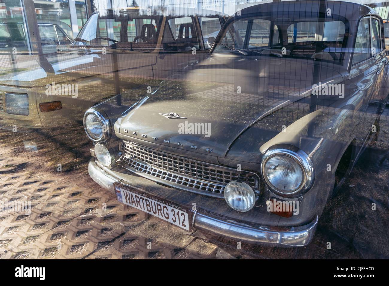 car on a permanent exhibition of classic car on a Moya gas station on a S8 expressway near Rawa Mazowiecka, Poland Stock Photo