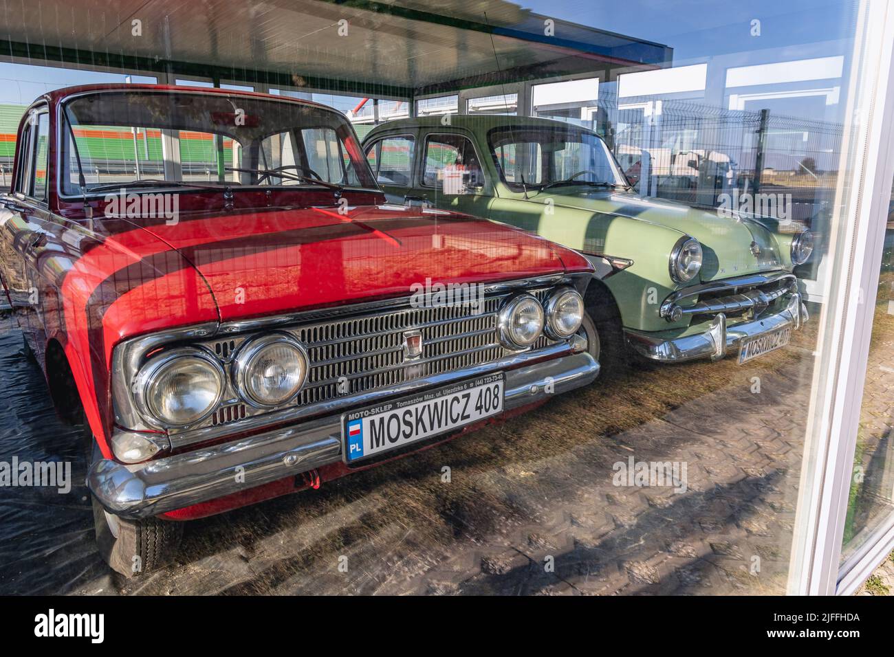 Moskvitch 408 and Moskvitch 407 cars on a permanent exhibition of classic car on a Moya gas station on a S8 expressway near Rawa Mazowiecka, Poland Stock Photo