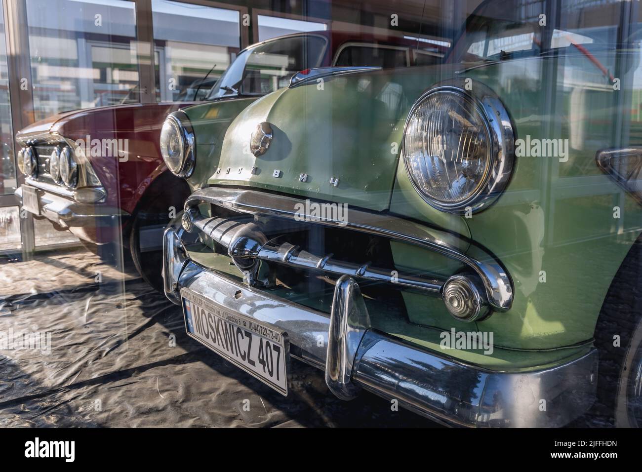 Moskvitch 407 cars on a permanent exhibition of classic car on a Moya gas station on a S8 expressway near Rawa Mazowiecka, Poland Stock Photo