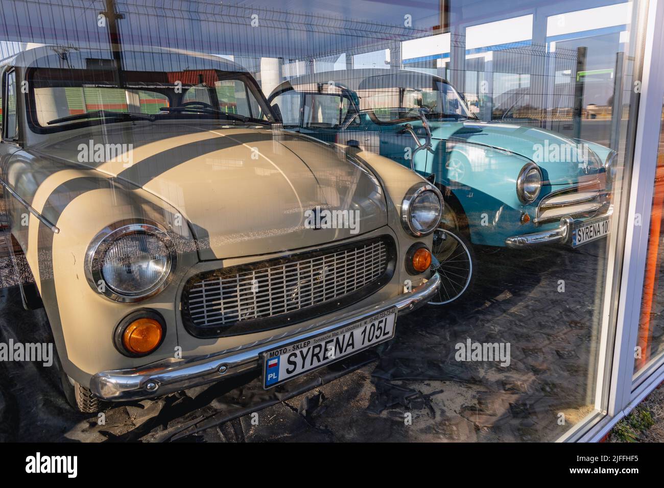 Syrena 105L and 100 cars on a permanent exhibition of classic car on a Moya gas station on a S8 expressway near Rawa Mazowiecka, Poland Stock Photo