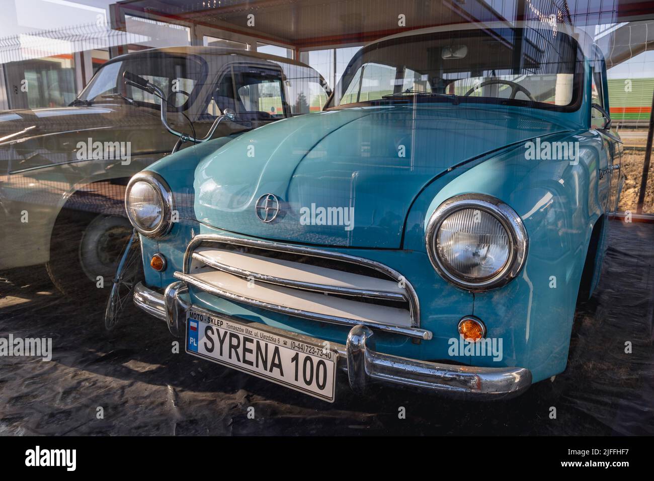 Syrena 100 car on a permanent exhibition of classic car on a Moya gas station on a S8 expressway near Rawa Mazowiecka, Poland Stock Photo