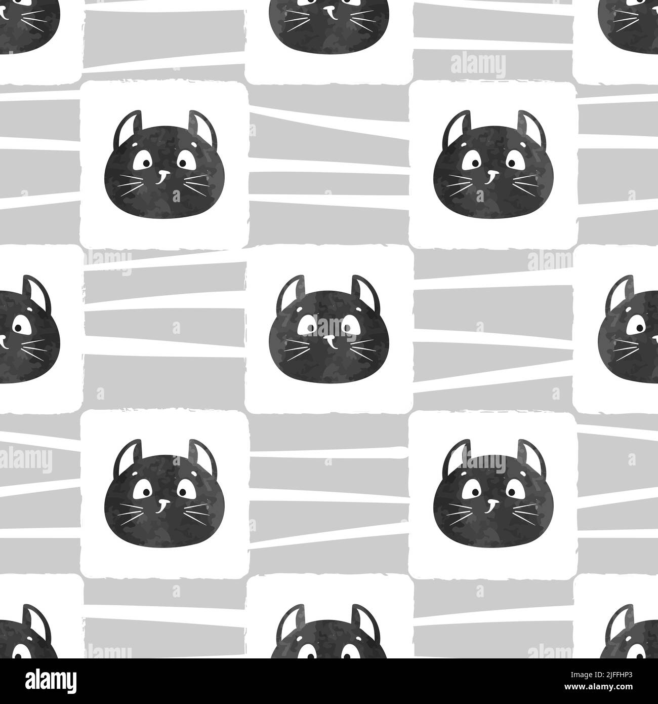 Seamless black cats faces pattern. Vector illustration with cute cats. Stock Vector
