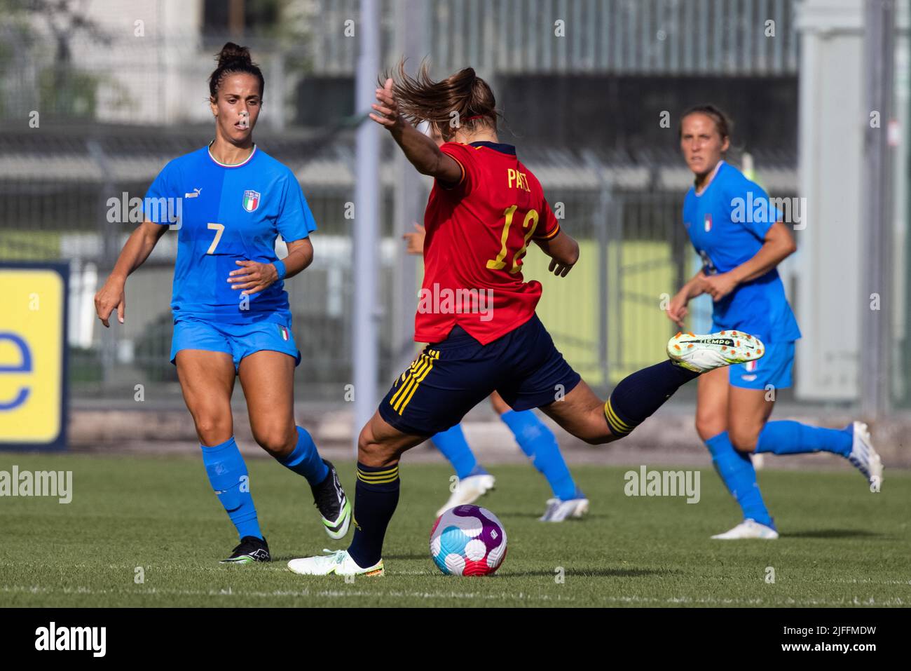 Castel Di Sangro, Italy. 01st July, 2022. Patricia Gujiarro Gutierrez of Spain, Flaminia Simonetti of Italy, compete during the Women's International friendly match between Italy and Spain at Teofilo Patini Stadium on July 01, 2022 in Castel di Sangro, Italy. © Photo: Cinzia Camela. Credit: Independent Photo Agency/Alamy Live News Stock Photo