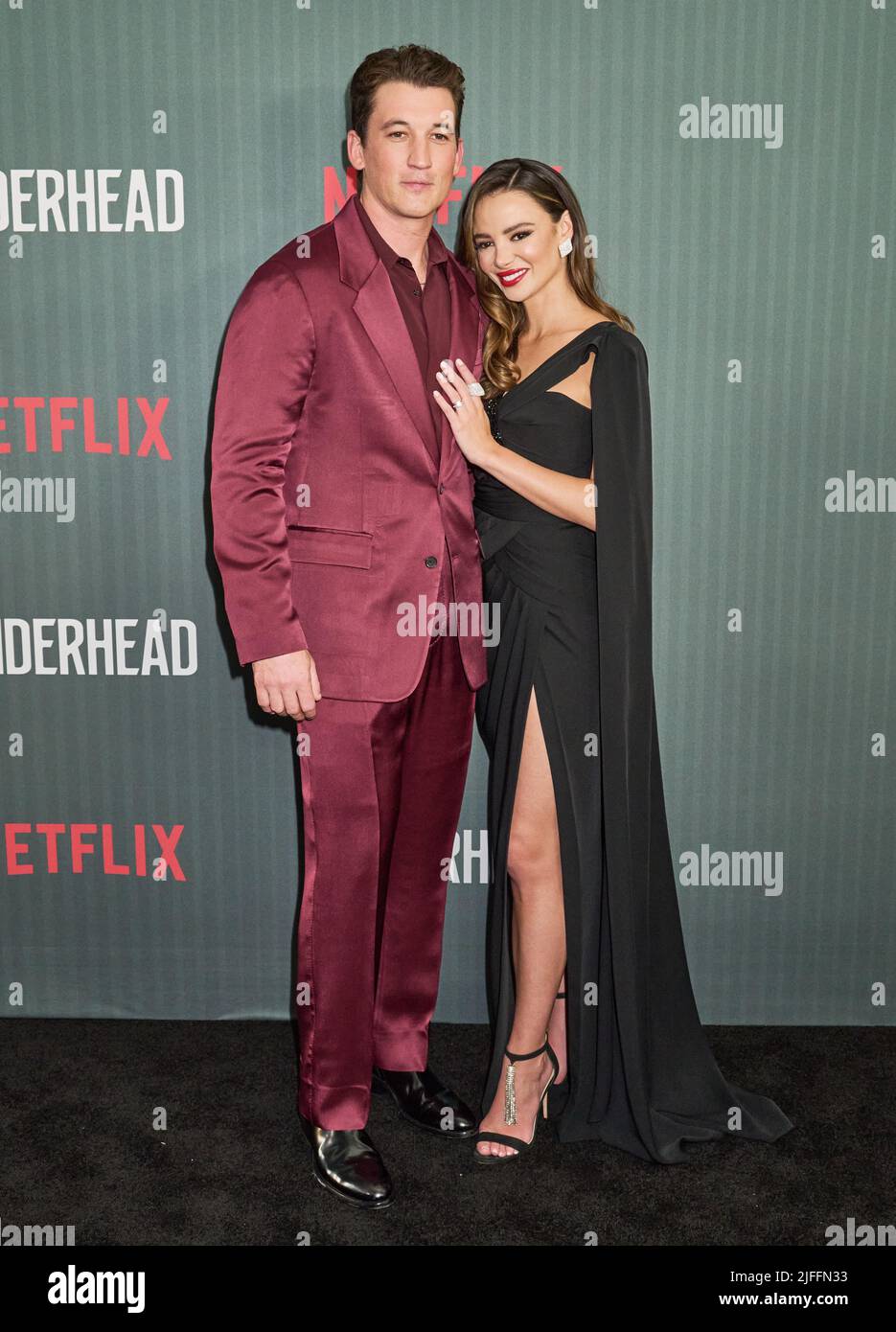 NEW YORK, NY, USA - JUNE 15, 2022: Miles Teller and Keleigh Sperry attend the New York Premiere of Netflix's 'Spiderhead' at the Paris Theater. Stock Photo