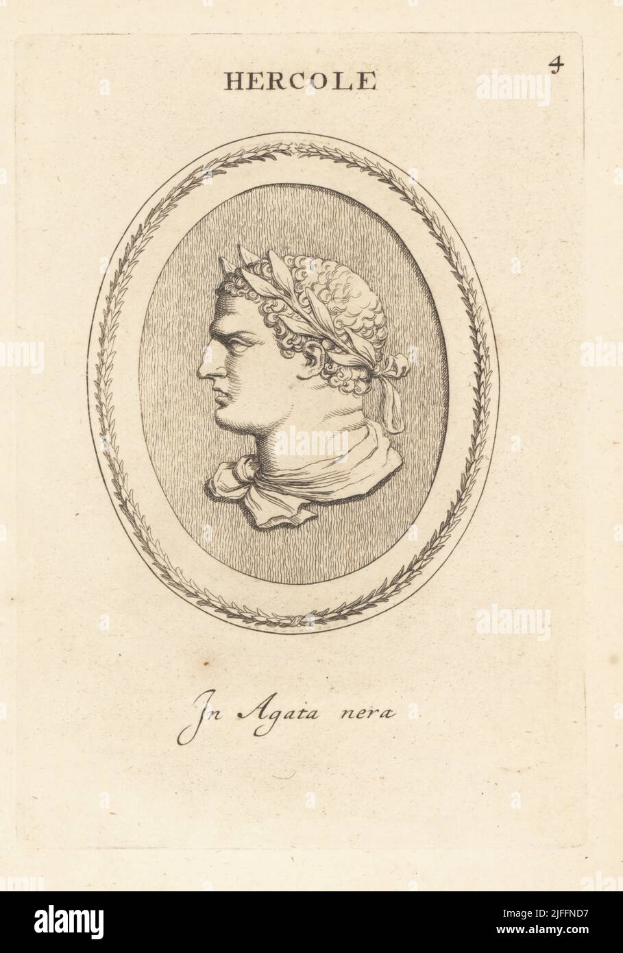 Bust of a young Hercules, clean shaven with laurel wreath. In black agate. Hercole giovane. In agata nera. Copperplate engraving by Giovanni Battista Galestruzzi after Leonardo Agostini from Gemmae et Sculpturae Antiquae Depicti ab Leonardo Augustino Senesi, Abraham Blooteling, Amsterdam, 1685. Stock Photo