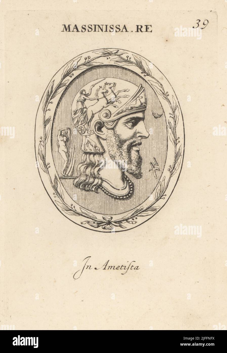 Bust of King Masinissa, c. 238 BC – 148 BC, ancient Numidian leader of Massylii Berber tribes during the Second Punic War. In helmet with biga war chariot. In amethyst. Massinissa Re. In Ametista. Copperplate engraving by Giovanni Battista Galestruzzi after Leonardo Agostini from Gemmae et Sculpturae Antiquae Depicti ab Leonardo Augustino Senesi, Abraham Blooteling, Amsterdam, 1685. Stock Photo