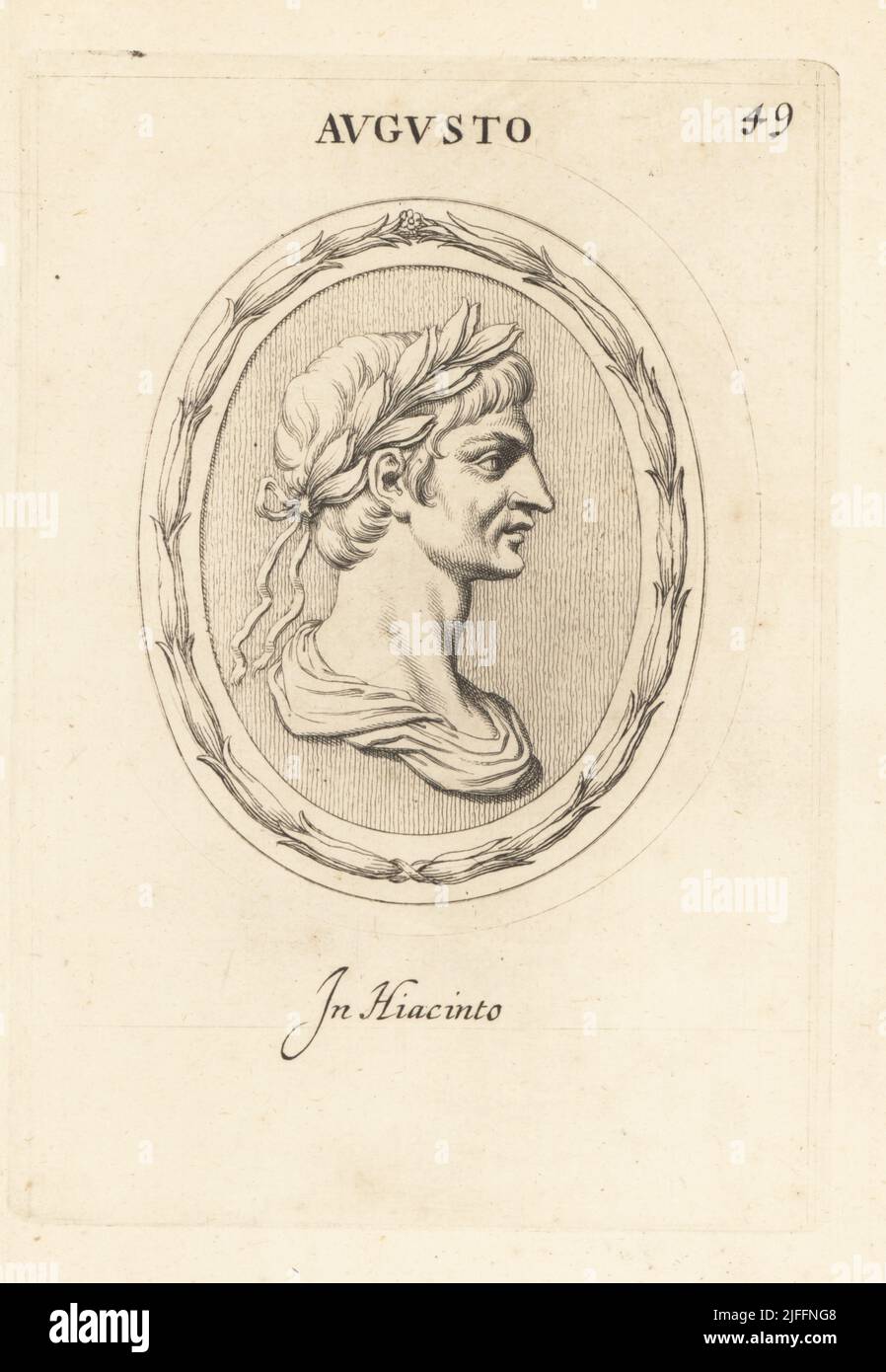Bust of Caesar Augustus or Octavian, first Roman Emperor, 63 BC - 14 AD. Wearing a laurel wreath. Gem in hyacinth topaz found in the ruins of Catania in Sicily. Augusto. In hiacinto. Copperplate engraving by Giovanni Battista Galestruzzi after Leonardo Agostini from Gemmae et Sculpturae Antiquae Depicti ab Leonardo Augustino Senesi, Abraham Blooteling, Amsterdam, 1685. Stock Photo