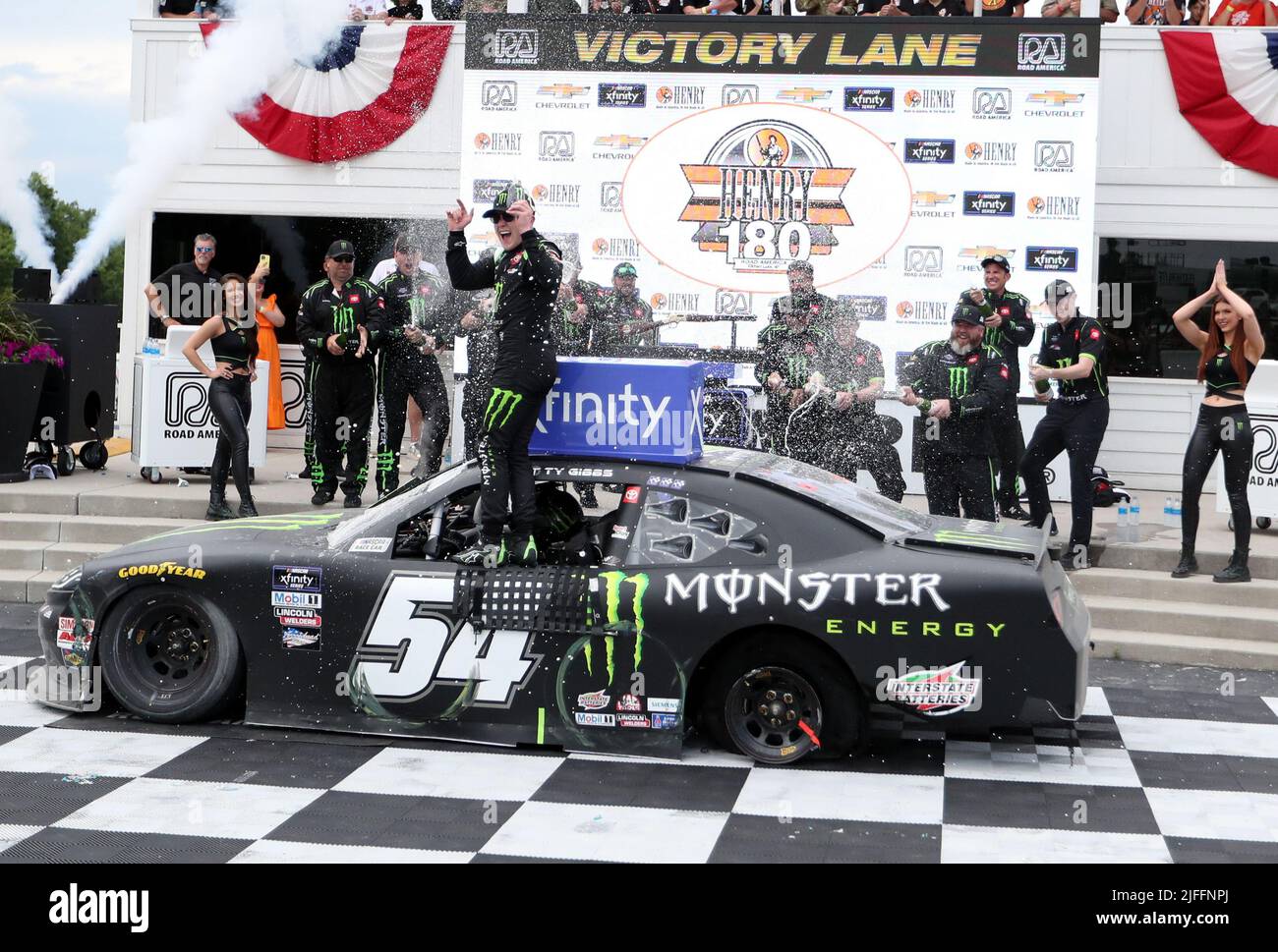 Plymouth, Wisconsin, USA. 2nd July, 2022. driver of the #54 Monster Energy Toyota, celebrates in victory lane after winning the NASCAR Xfinity Series Henry 180 at Road America on July 02, 2022 in Plymouth, Wisconsin. Ricky Bassman/Cal Sport Media/Alamy Live News Stock Photo