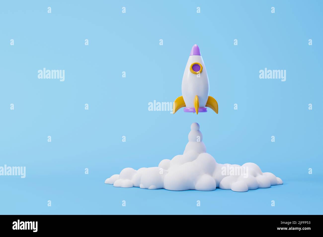 Rocket launch on blue background, Spaceship icon, startup business concept. 3d illustration Stock Photo