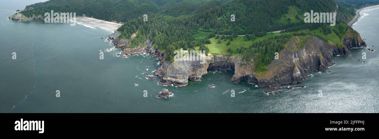 The scenic Northern Oregon shoreline, not far west of Portland, is continually eroded by the Pacific Ocean. This is an incredibly beautiful region. Stock Photo