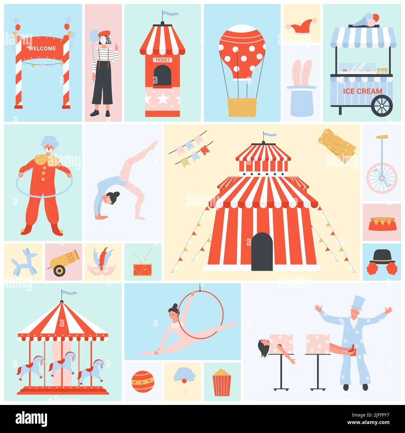 Cute circus set vector illustration. Cartoon clown, acrobat and magician, chapiteau tent, carousel, booth with tickets and ice cream in square collage background. Amusement park, carnival fair concept Stock Vector