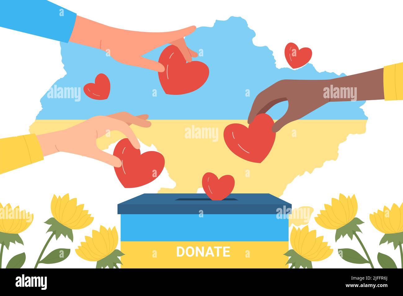 Hands of people give red hearts to donation box with Ukrainian flag. Collection of money by volunteers to help Ukraine flat vector illustration. Support, humanitarian aid, philanthropy concept Stock Vector