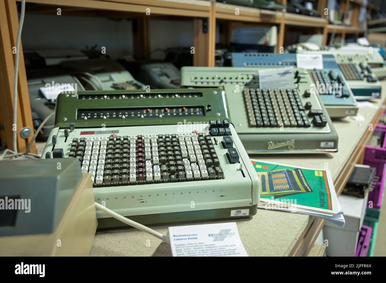 28 June 2022, Saxony-Anhalt, Halle (Saale): The Cellatron R44SM calculating machine. It was built in Zella-Mehlis in the 1950s to 1960s and was designed for addition, subtraction, multiplication and division of large numbers. The Rechenwerk - Computer Museum in Halle exhibits computing and automation technology devices primarily from East Germany. (to dpa 'Unique memories of the beginning of the computer age') Photo: Heiko Rebsch/dpa Stock Photo