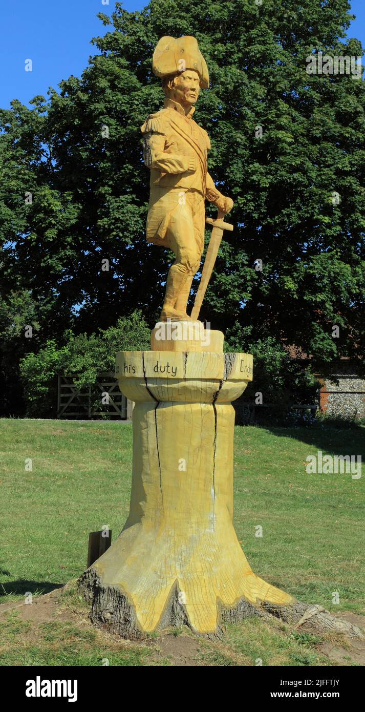 Admiral Lord Horatio Nelson, wood sculpture, carving, Burnham Thorpe,  by chainsaw artist Henry Hepworth-Smith, from Norwegian Maple tree trunk, Norfo Stock Photo