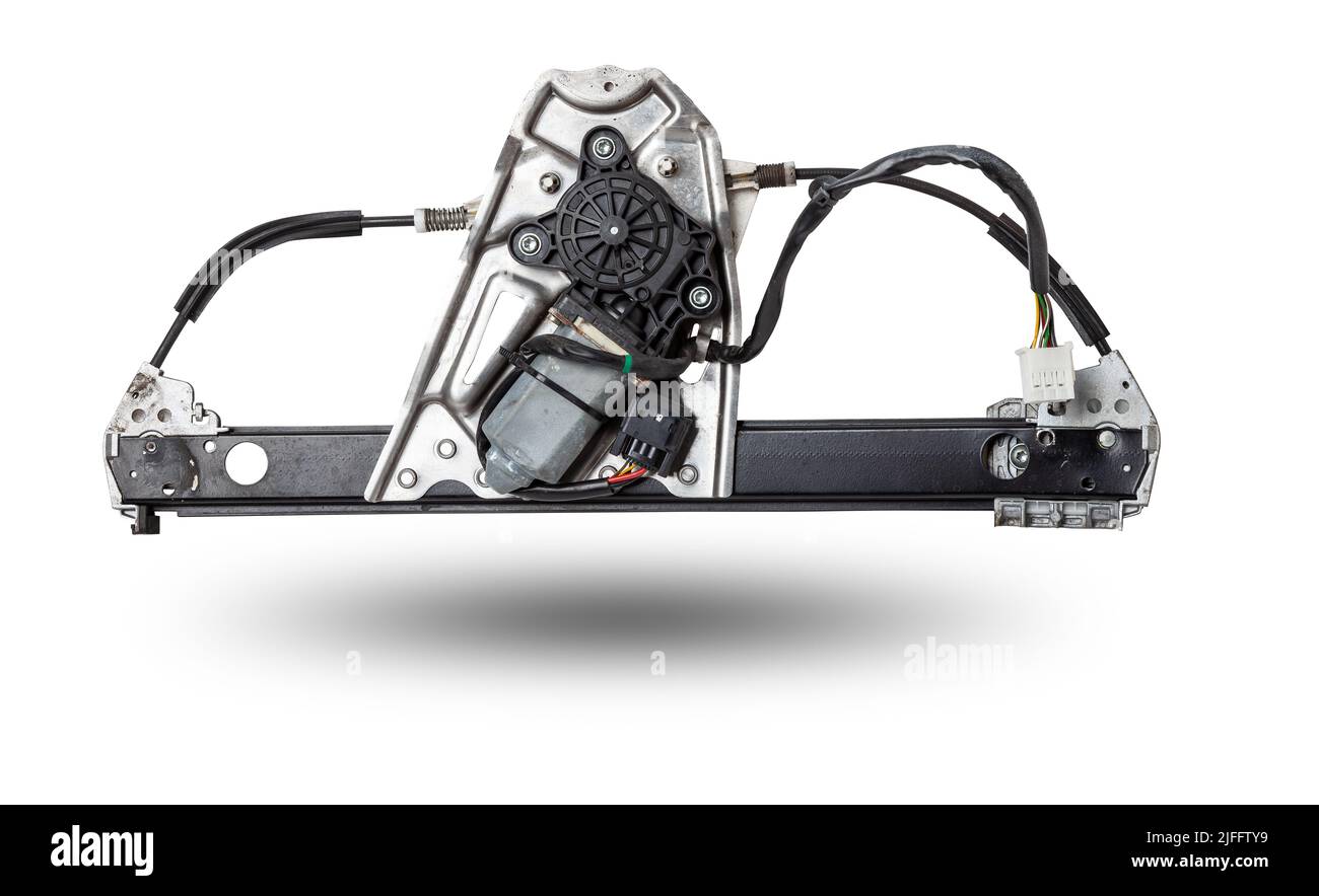 Electric window mechanism for a car on a white isolated background. Automotive spare parts