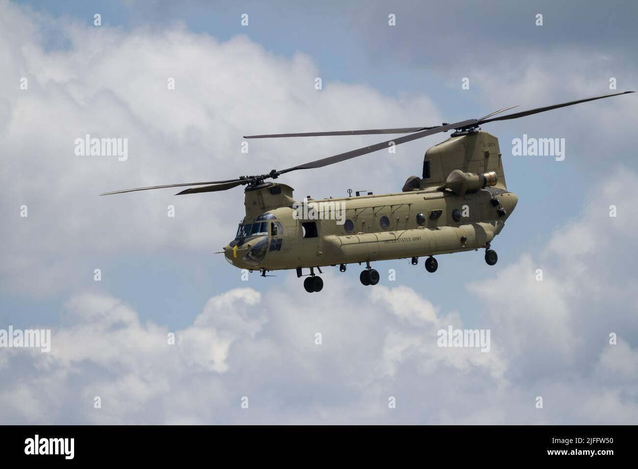 A Boeing CH 47 Chinook helicopter with the United Army flying at Yokota Airbase, Fussa, Tokyo, Japan. Stock Photo