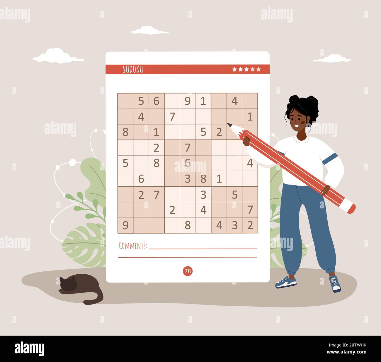 Sudoku game. African woman with giant pencil solves crossword puzzle. Learning and leisure concept. Task for development of logical thinking and Stock Vector