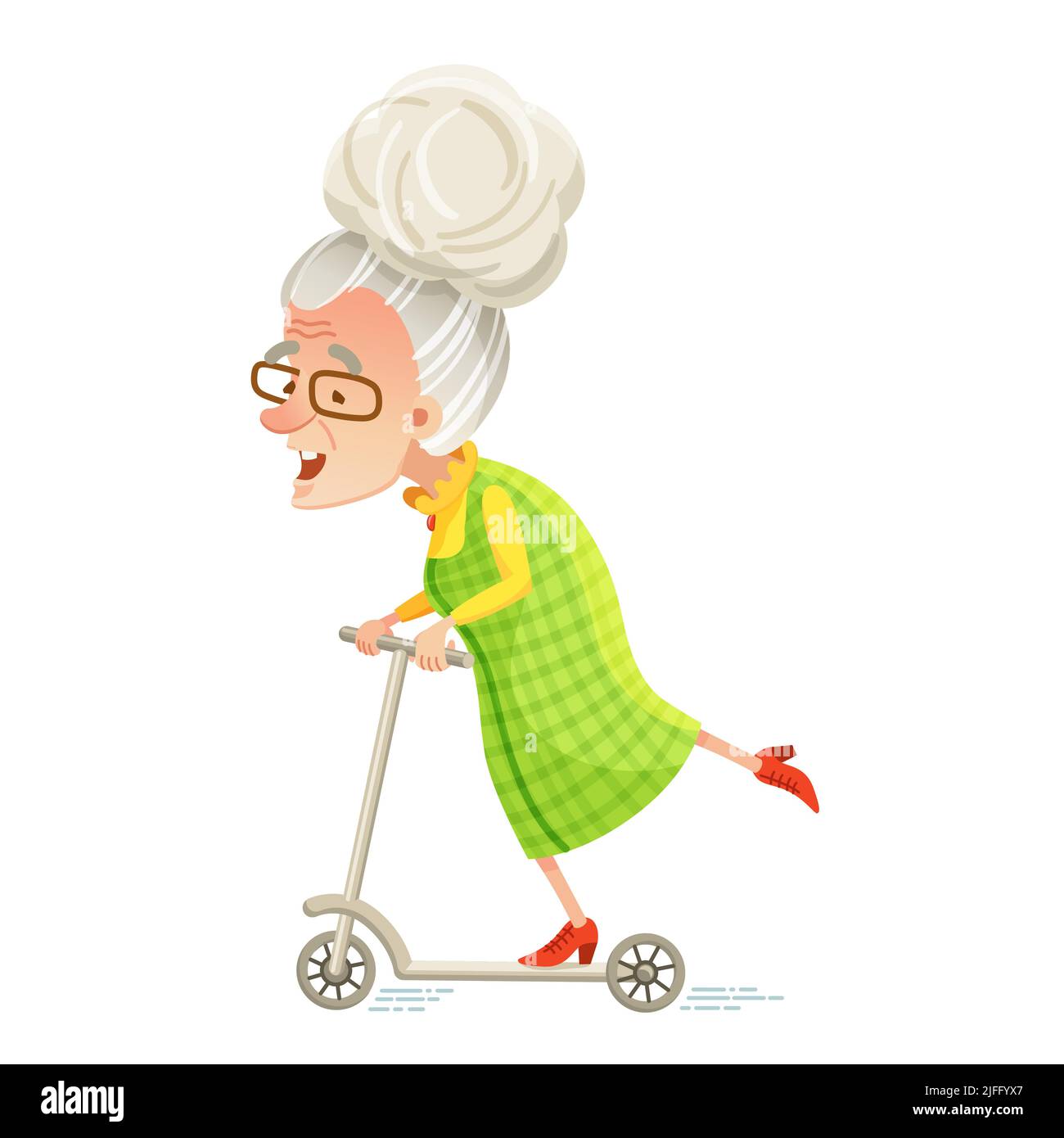 Vector illustration in cartoon style. An active elderly happy woman rides a scooter Stock Vector