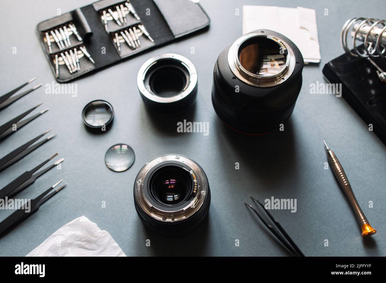Precision optic photo lens service, adjust, align Stock Photo Alamy